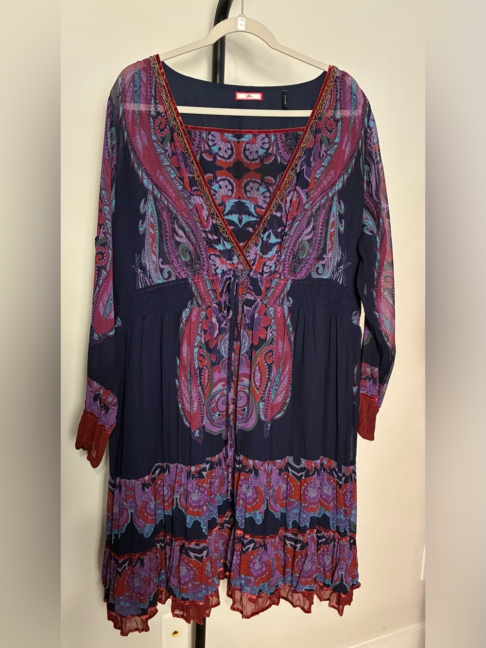 Joe Browns Navy Blue Paisley Midi Dress Purple Velvet Trim Beaded Plus Size 18